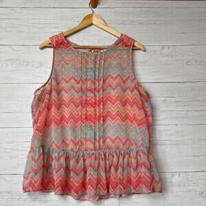 Elle Top Womens SZ XL Pastel Chevron Swiss Dot Peplum Sheer Sleeveless Dollette